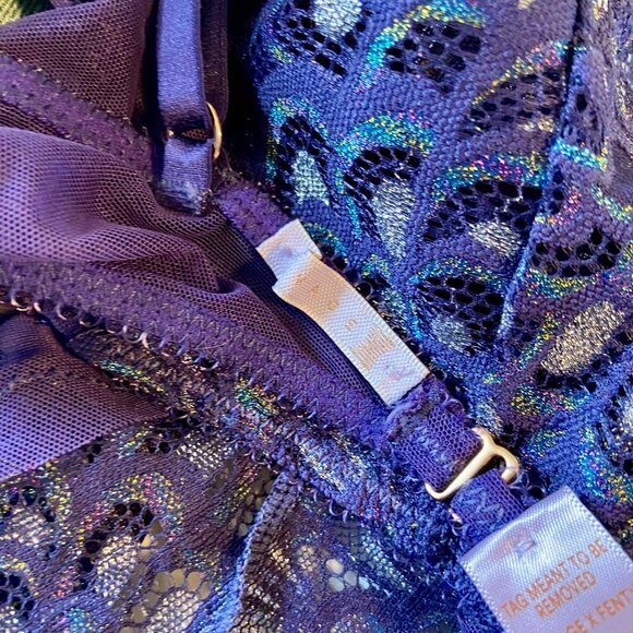 Savage x Fenty Metallic Lace Teddy Bodysuit Grape Purple Small Sheer Criss Cross - Picture 6 of 16